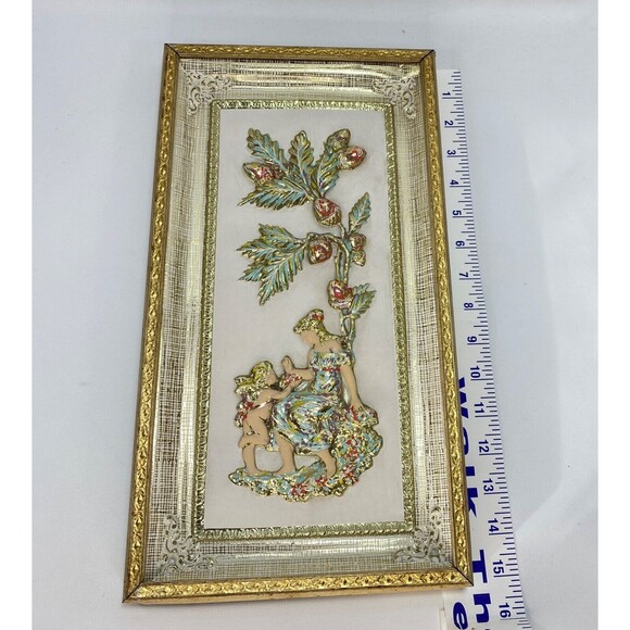 Vintage MCM Metalcraft 3D Picture Art Season Autumn Gold Pastel Woman Cupid Oak - Picture 13 of 14